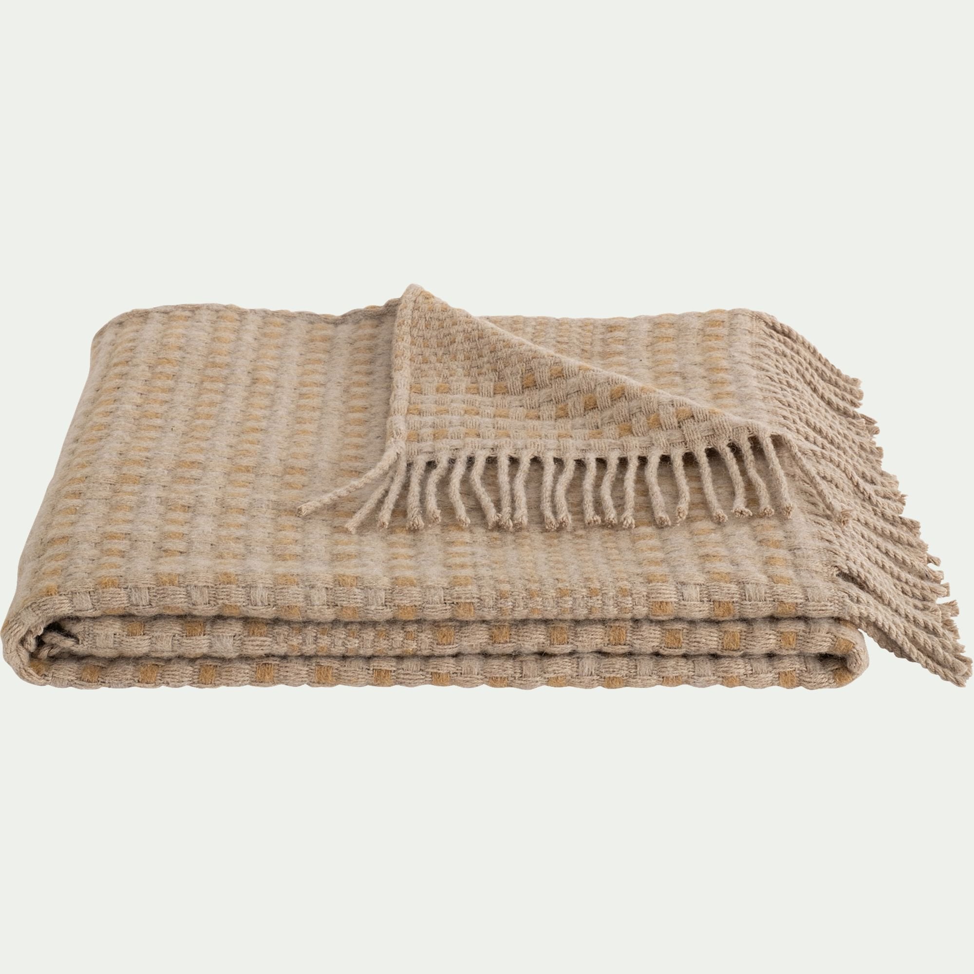 ALISANDRE - Plaid en laine recyclée à carreaux finition franges 130x170cm - marron
