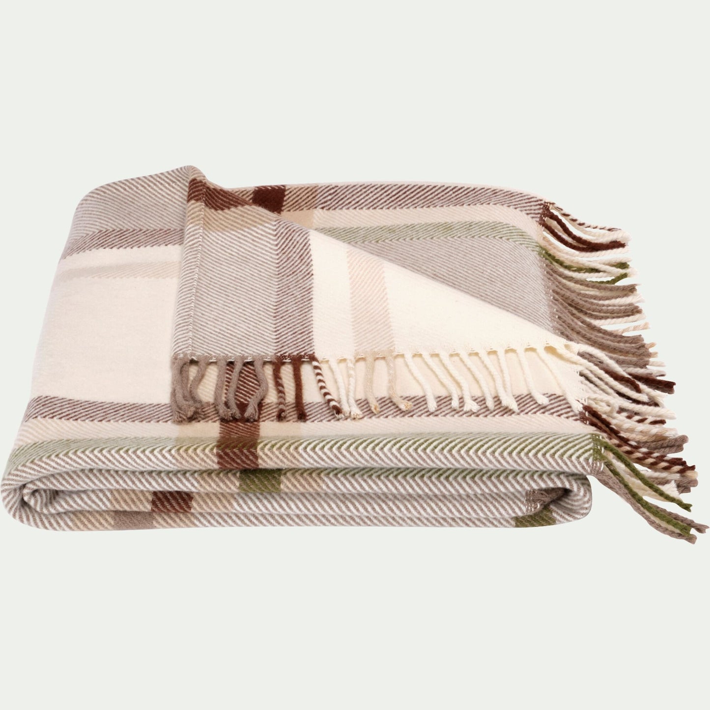 CESIL - Plaid en laine et coton à carreaux finition franges 170x127cm - marron