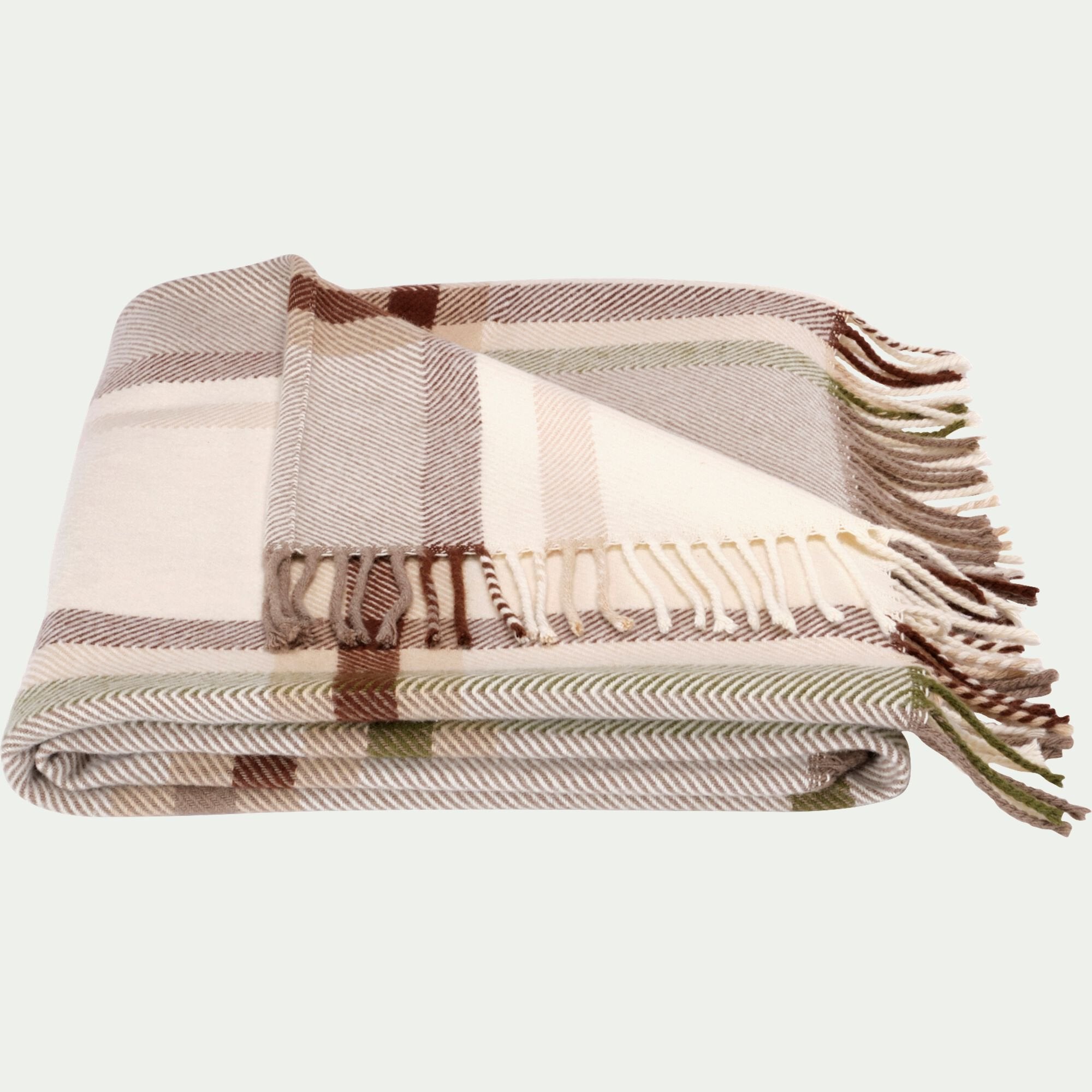 CESIL - Plaid en laine et coton à carreaux finition franges 170x127cm - marron
