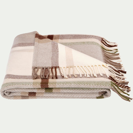 CESIL - Plaid en laine et coton à carreaux finition franges 170x127cm - marron