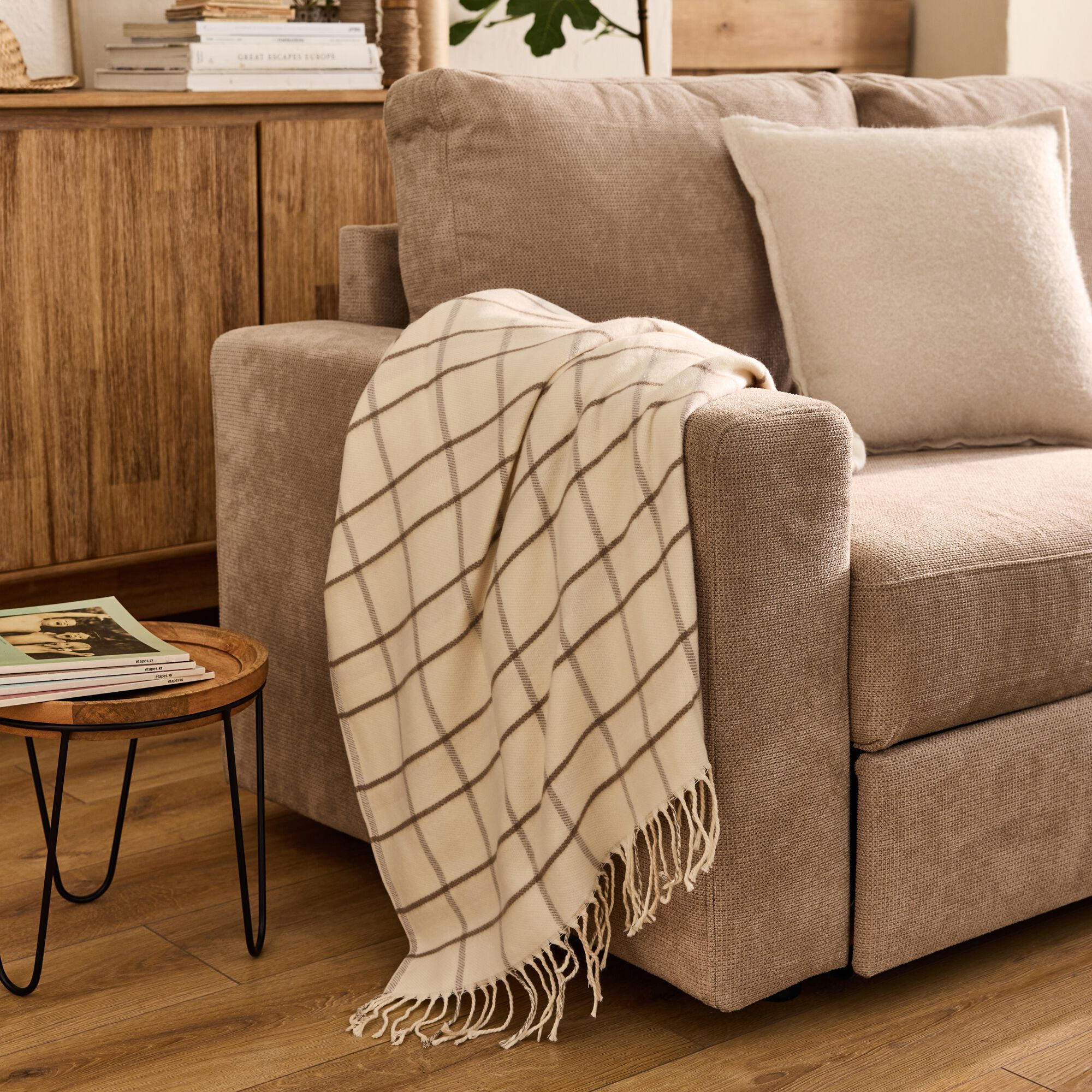 GILLIES - Plaid en coton et laine motif tartan finition franges 130x170cm - blanc écru