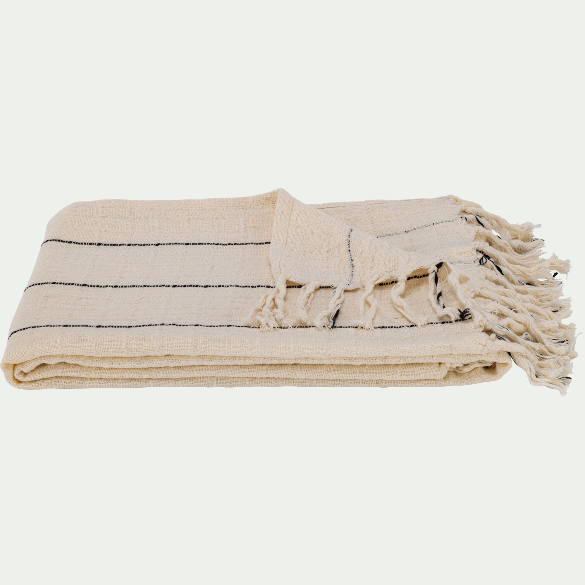 IZAR - Plaid en coton à rayures finition franges 130x170cm - blanc