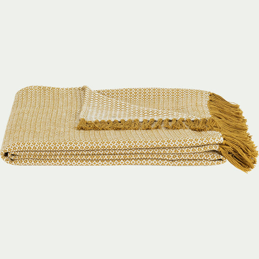 PARA - Plaid à franges et motifs en coton - jaune argan 130x170cm