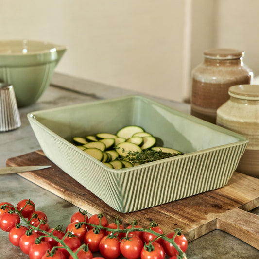 STRIA - Plat à four individuel en grès strié L31cm - vert
