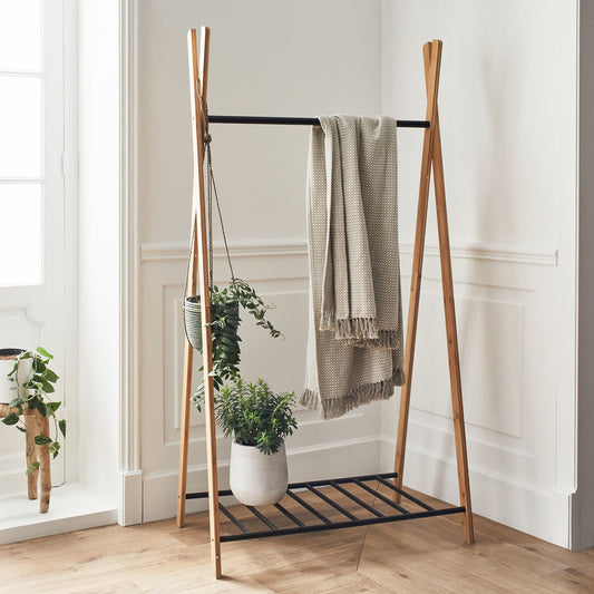 DORIAN - Penderie ouverte à 2 étagères en acier et bambou H173xL93cm - noir