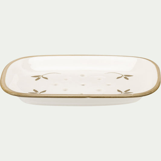 MELINA - Porte savon en grès à motifs feuilles - blanc