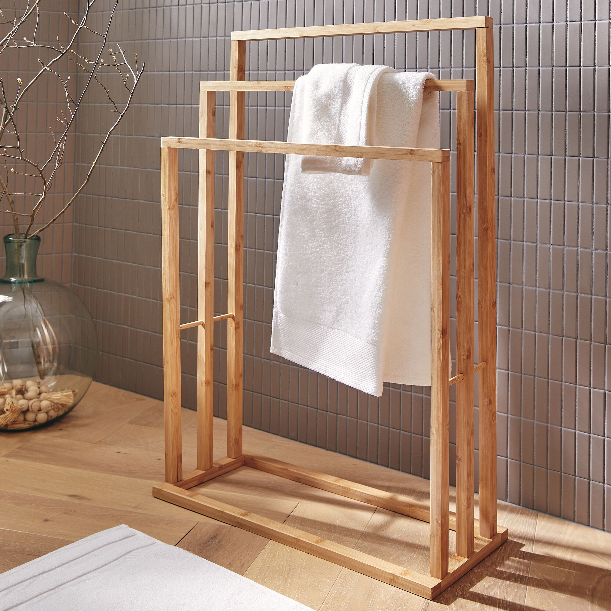 ELLINE - Porte-serviette triple en bambou - naturel H82cm