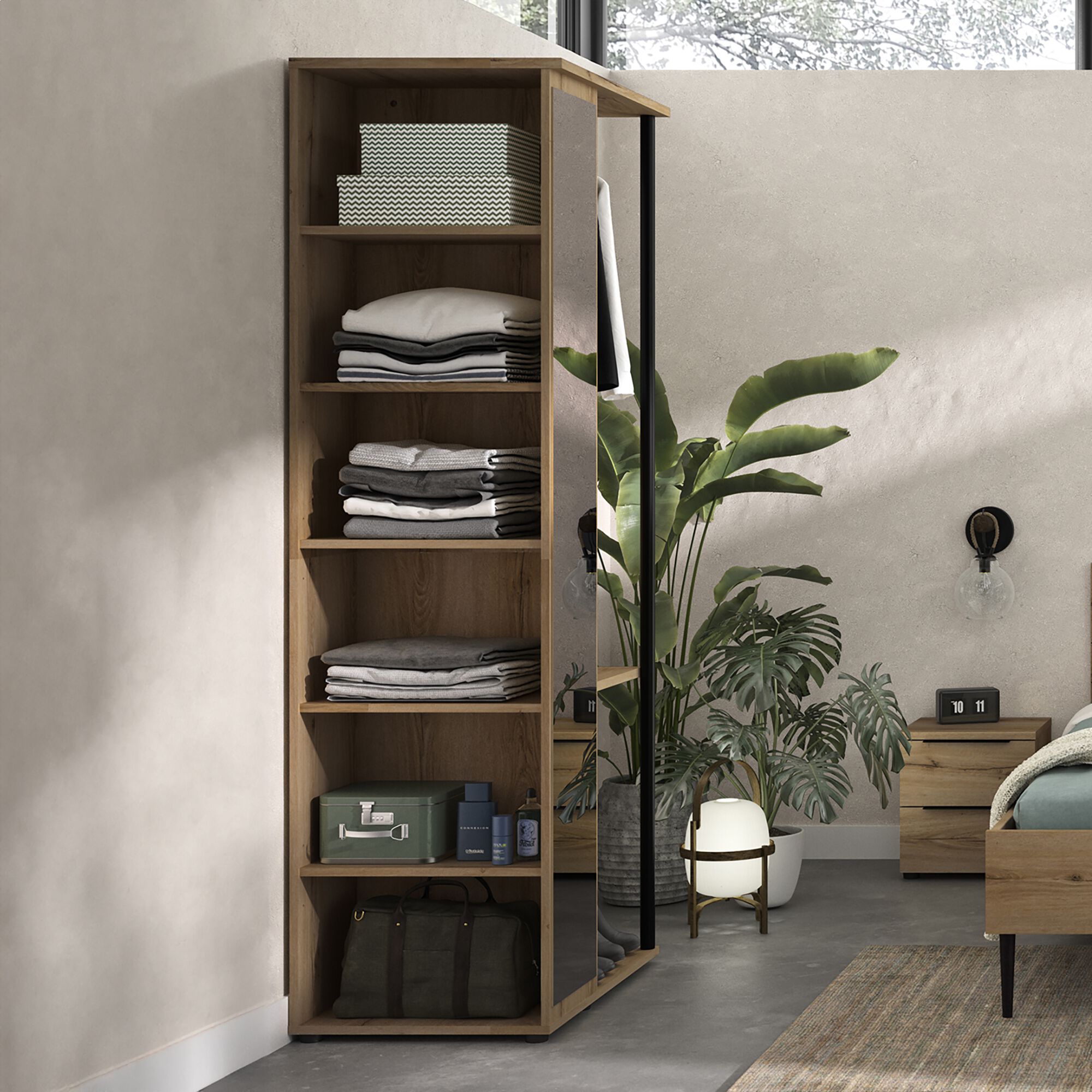 LUCIAN - Armoire ouverte avec miroir H210cm - bois clair