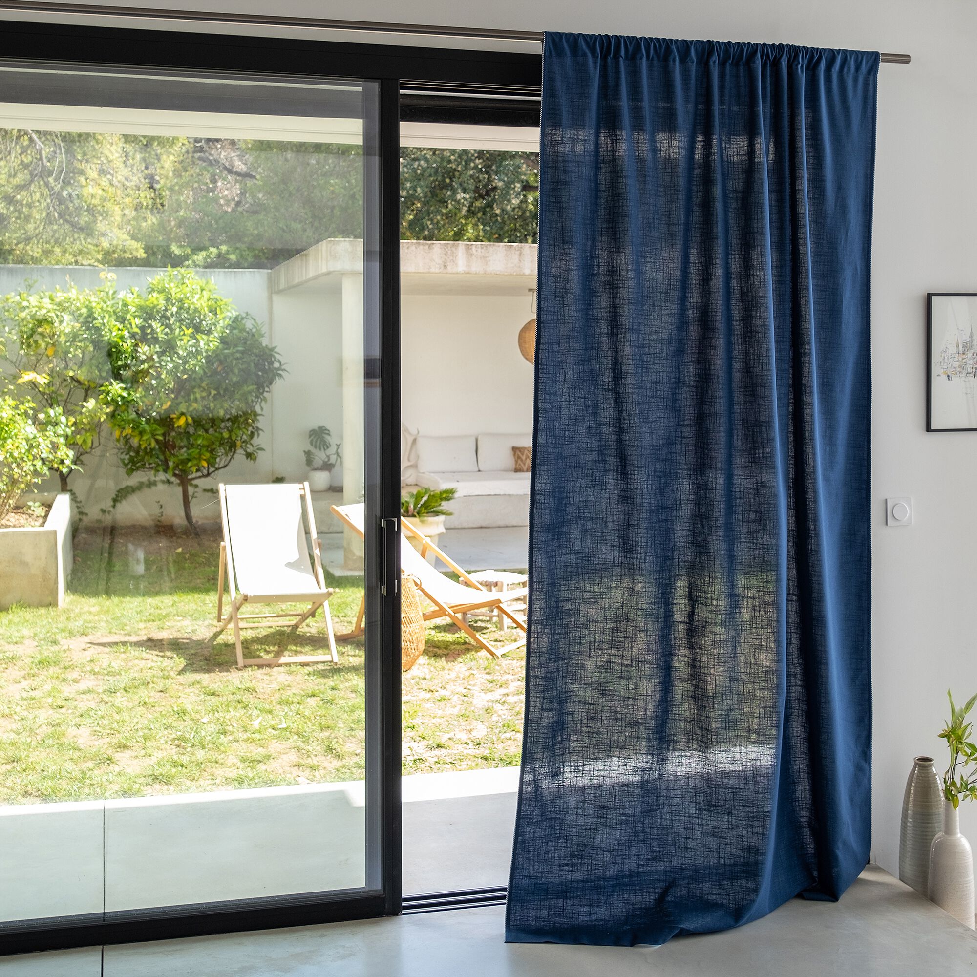 ARLES - Rideau passe-tringle en coton finition biais 140x260cm - bleu abysse