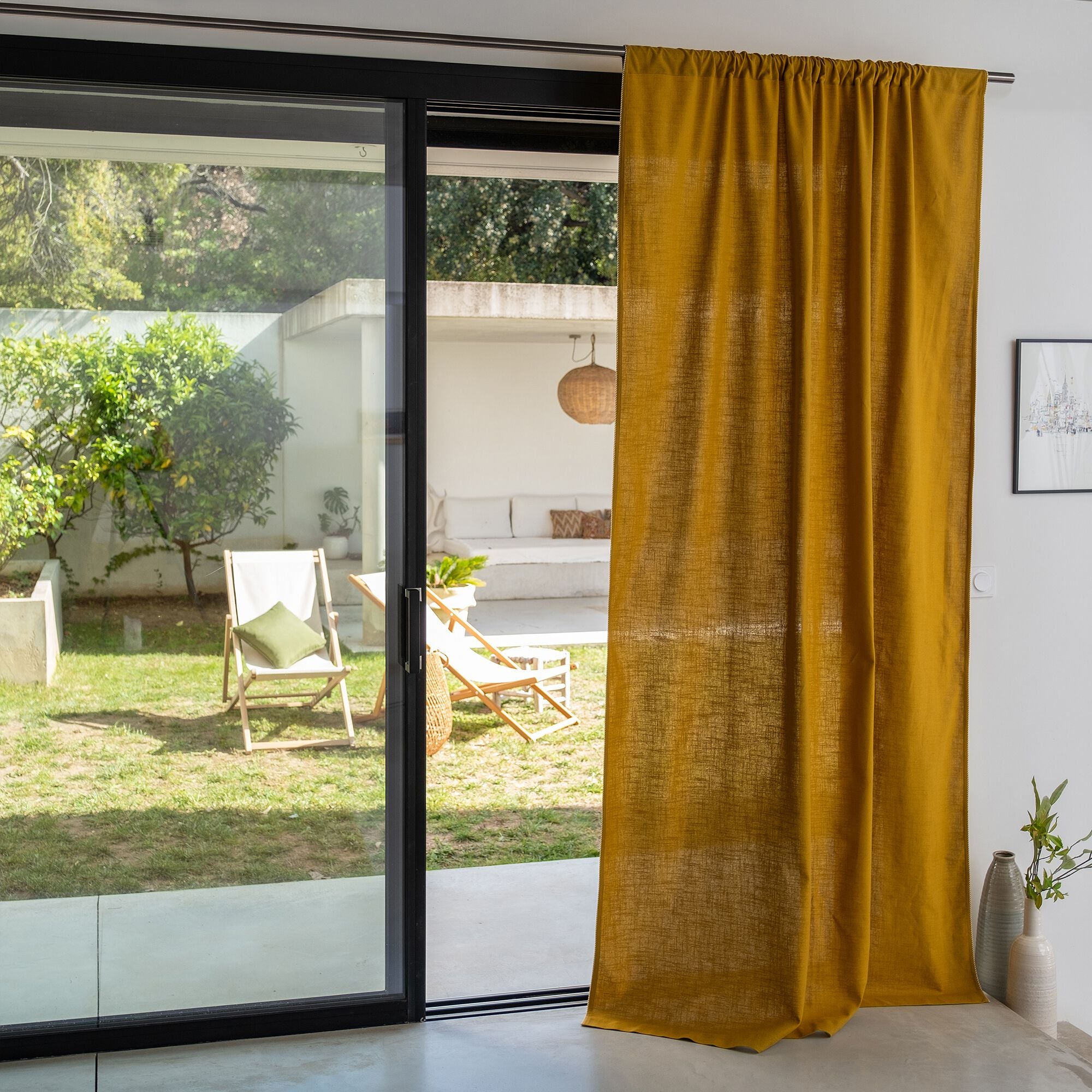 ARLES - Rideau passe-tringle en coton finition biais 140x260cm - jaune