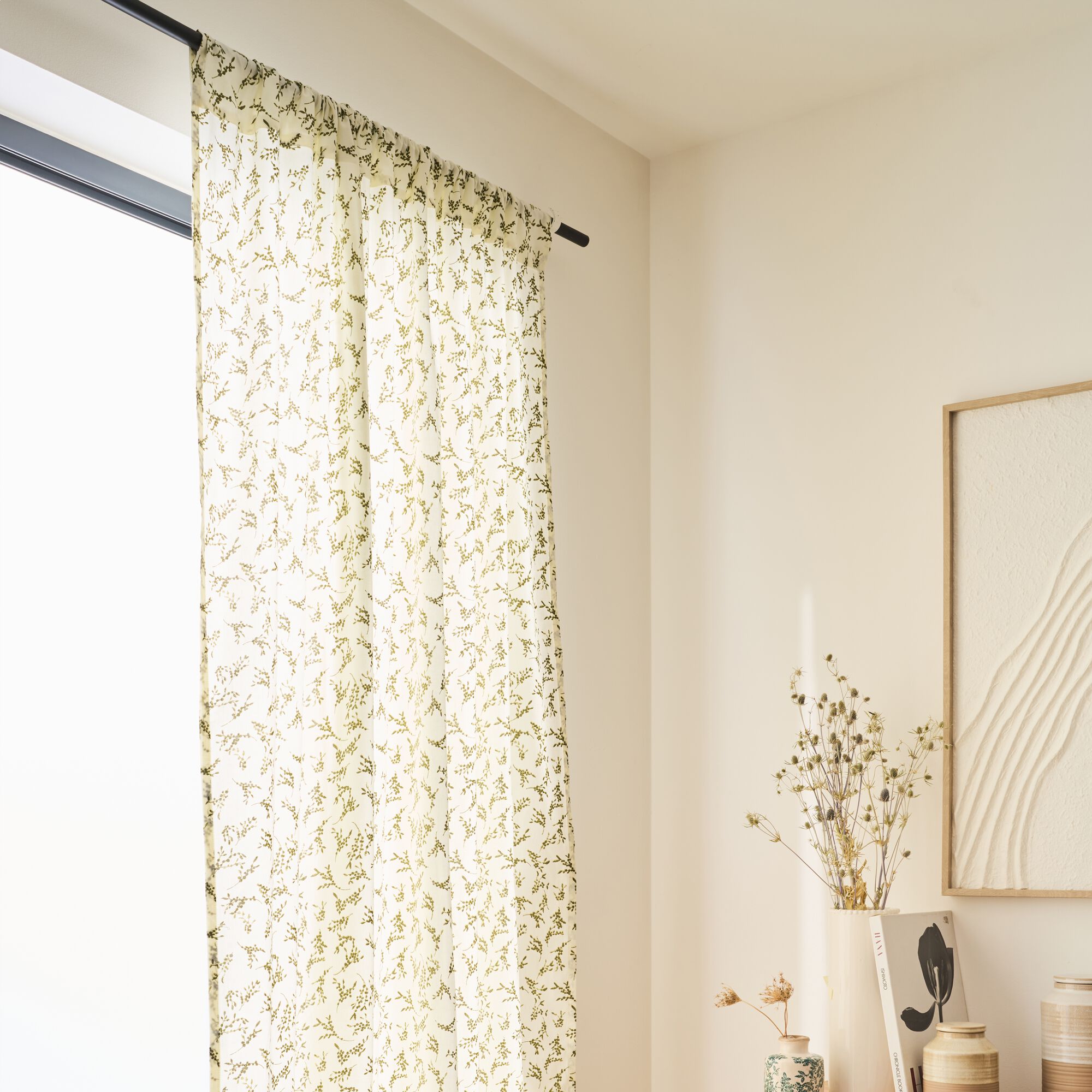 BAIA - Rideau passe-tringle en coton motif végétal 140x250cm - vert