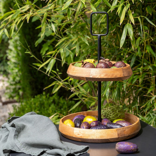 PEGO - Serviteur 2 étages en bois de manguier H47cm - bois clair