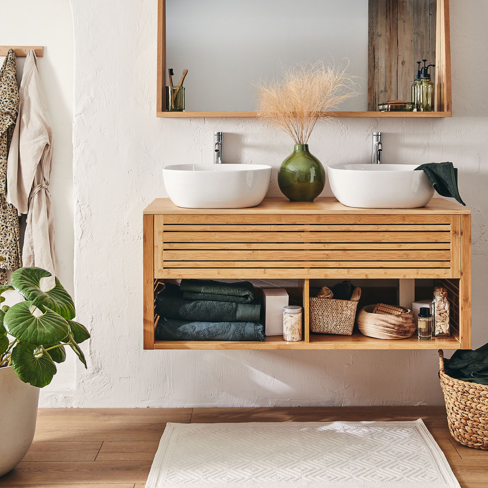 DANONG - Meuble double sous vasque murale en bambou - L120cm
