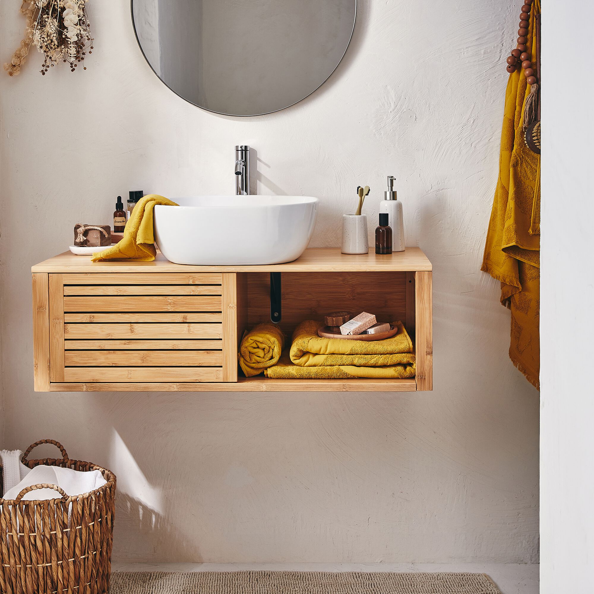 DANONG - Meuble sous vasque murale en bambou L95xl40xH30cm - bois clair