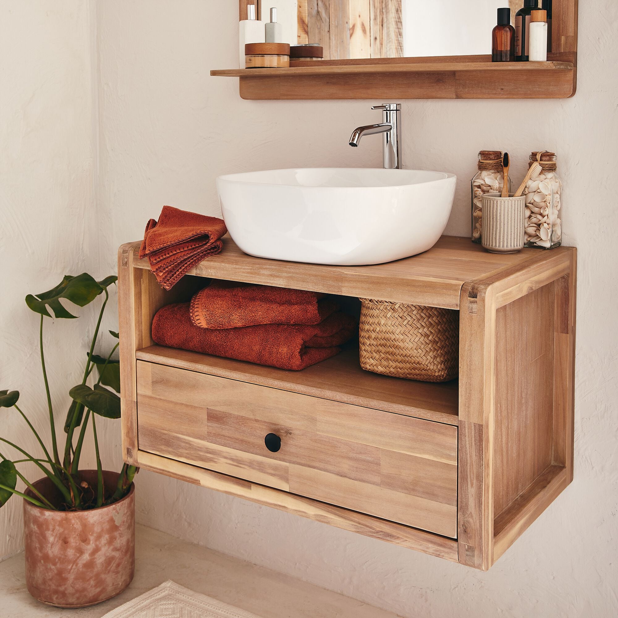 GAIA - Meuble sous vasque simple mural en acacia L80cm - bois clair