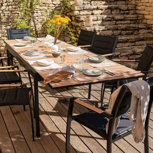 VERDON - Table de jardin extensible en aluminium effet teck - noir (8 à 12 places)
