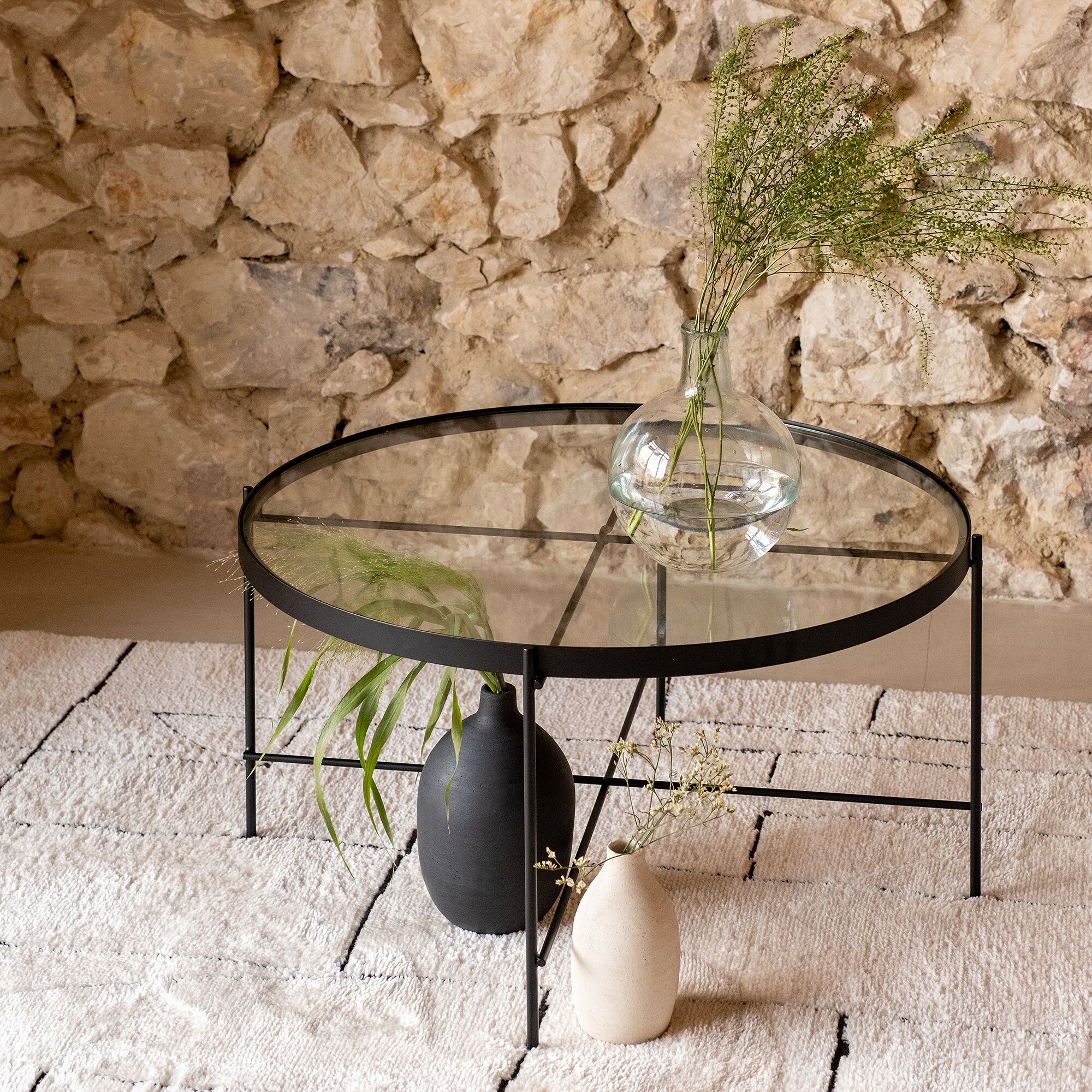 LOUKIA - Table basse ronde en acier et verre trempé - noir D72,6xH40cm