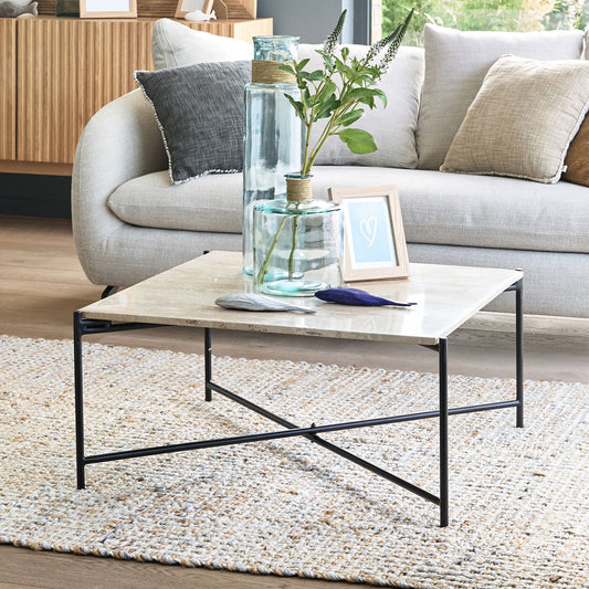 SABLET - Table basse en travertin et acier L78x78cm - blanc