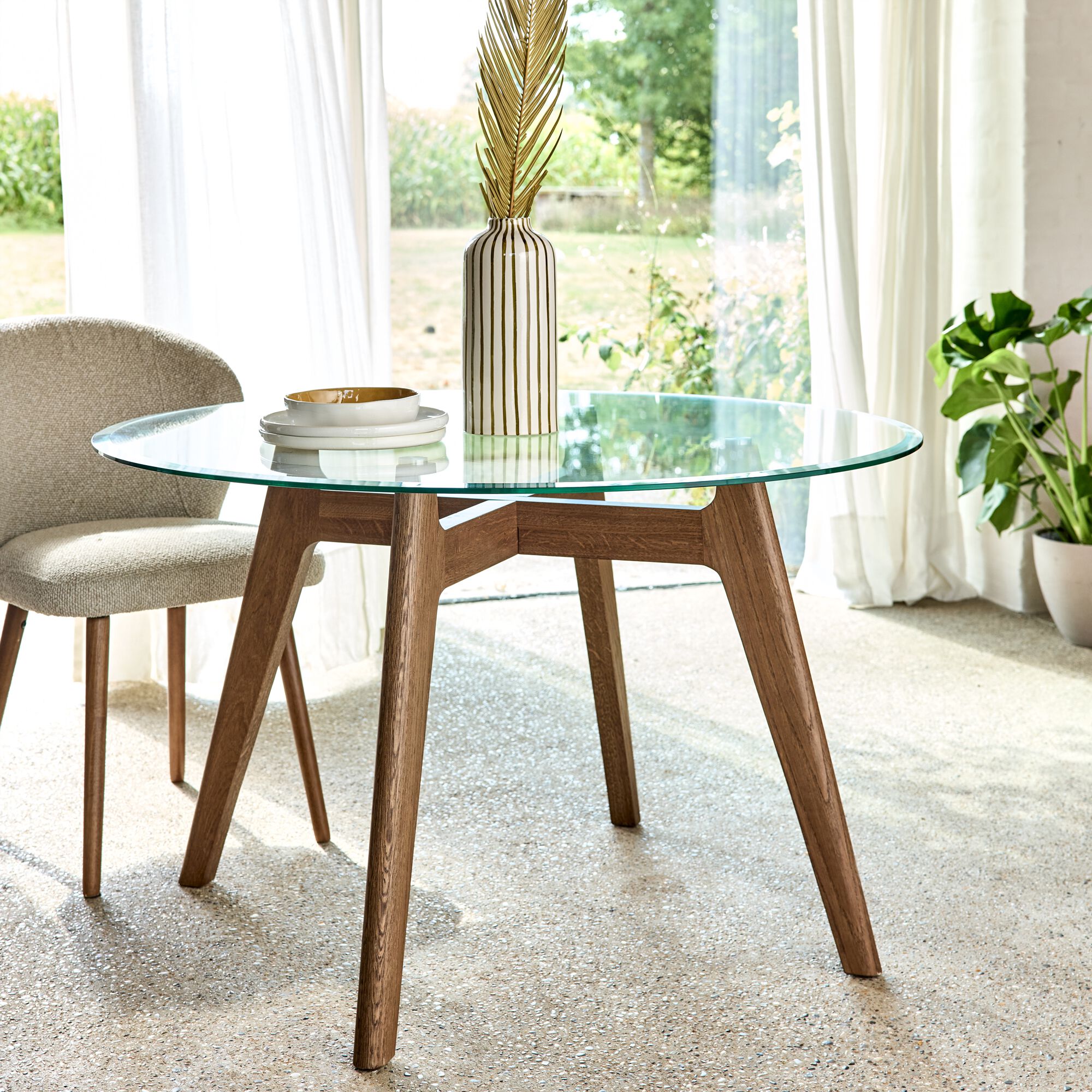 ALLONS - Table de repas ronde en verre trempé et chêne - bois clair (6 places)