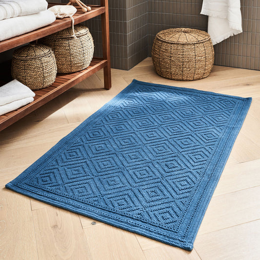 SADOU - Tapis de bain surpiquage losanges en coton - bleu figuerolles 60x100cm