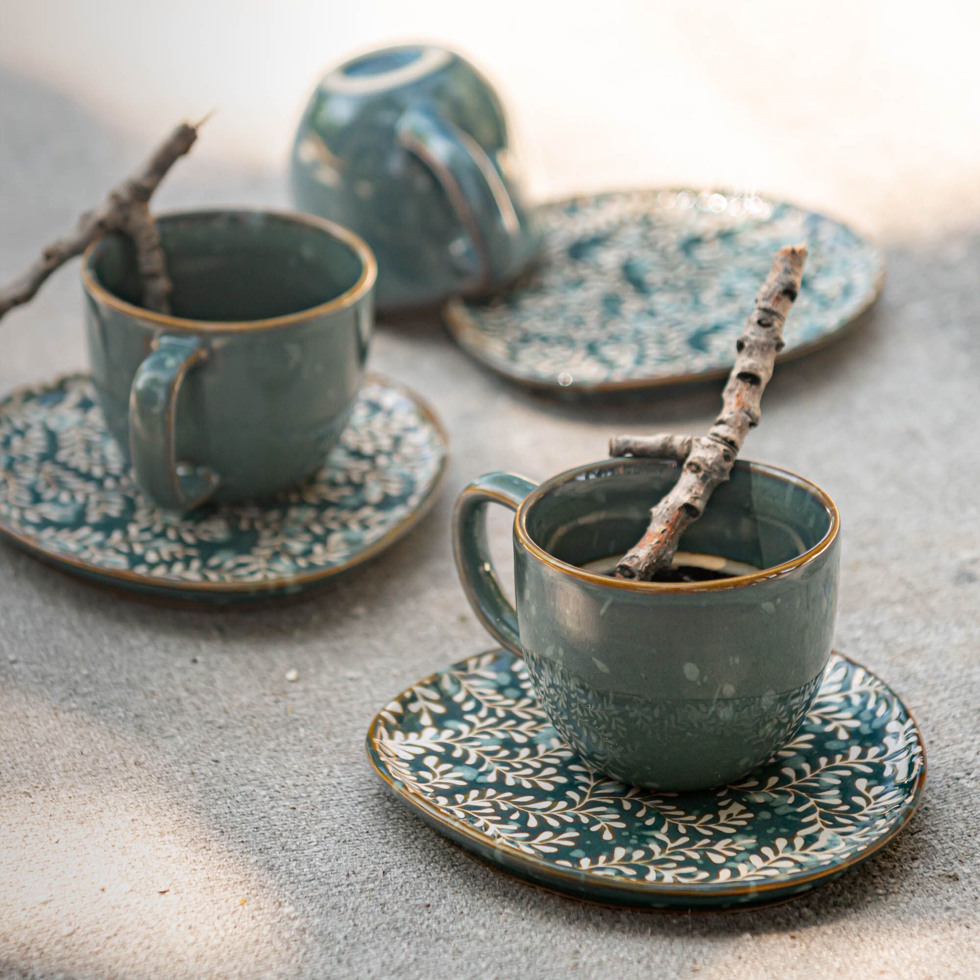 JASMINE - Tasse 9cl et sous-tasse en grès - bleu autan