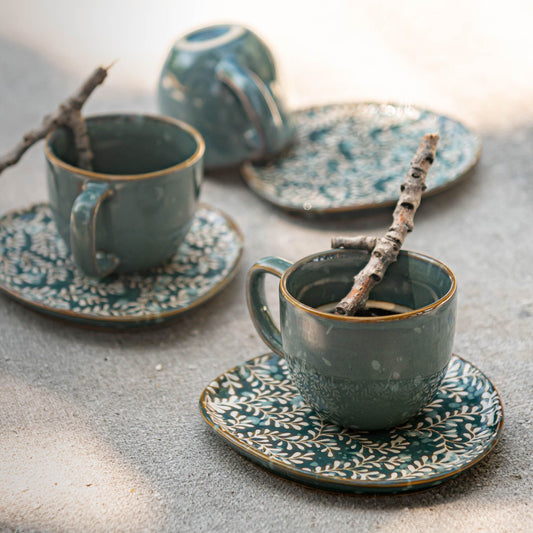 JASMINE - Tasse 9cl et sous-tasse en grès - bleu autan