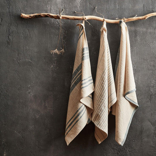 SANTIN - Lot de 3 torchons en coton beige et bleu