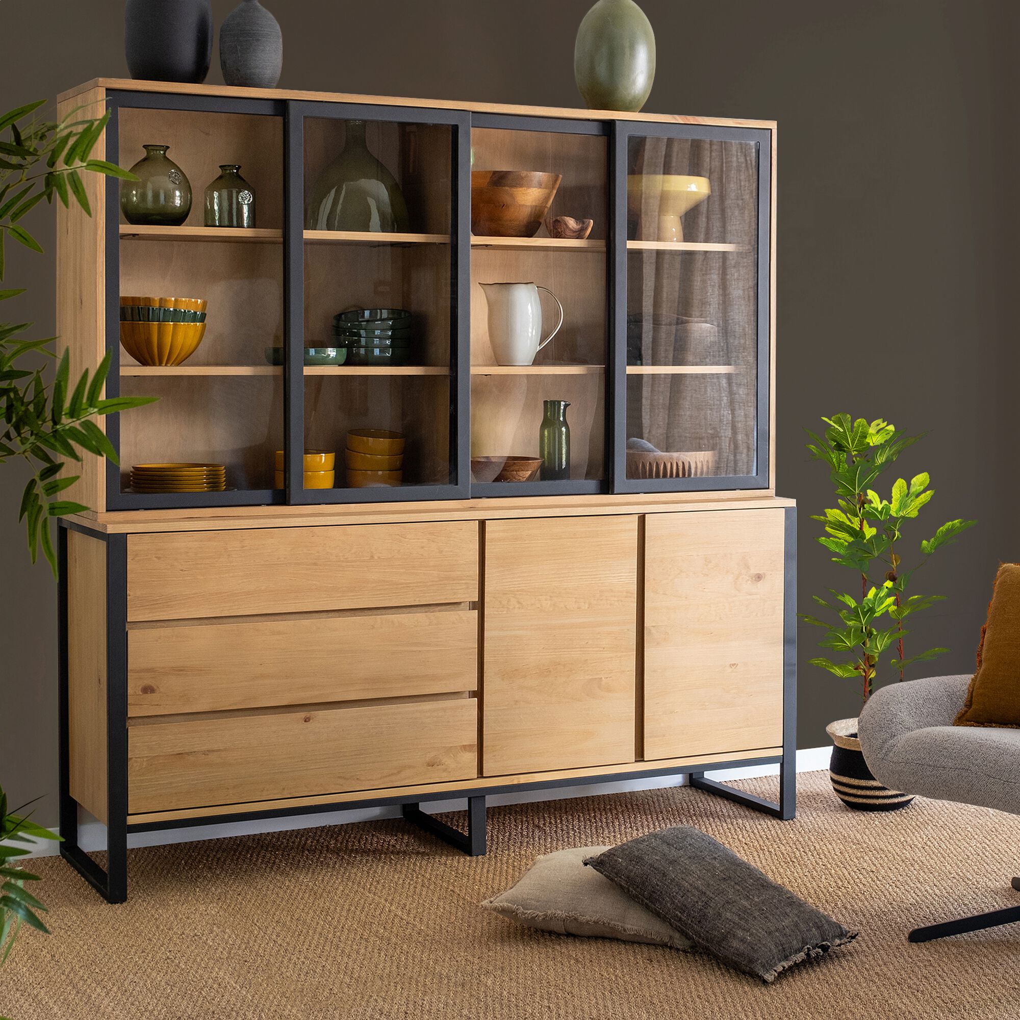 ENDOUME - Vitrine en pin massif et métal L180xl40xH100cm - bois clair