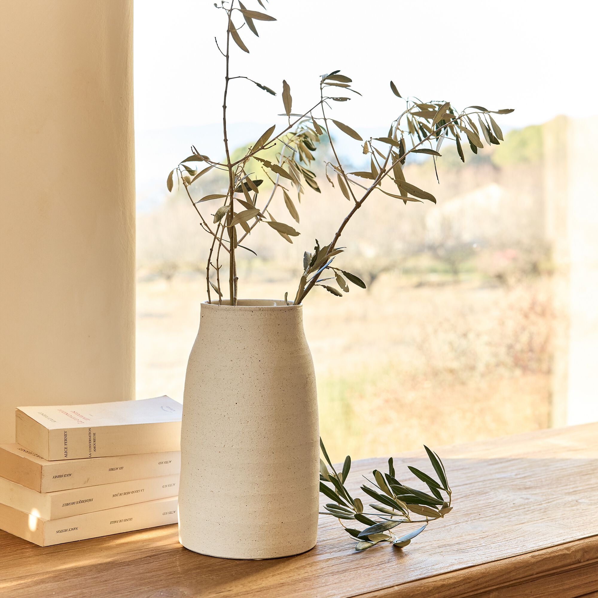 LOSSE - Vase tube en grès moucheté H26cm - blanc