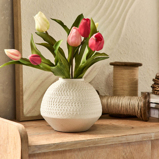 STUDEN - Vase boule texturé en grès D17,5xH14,5cm - blanc