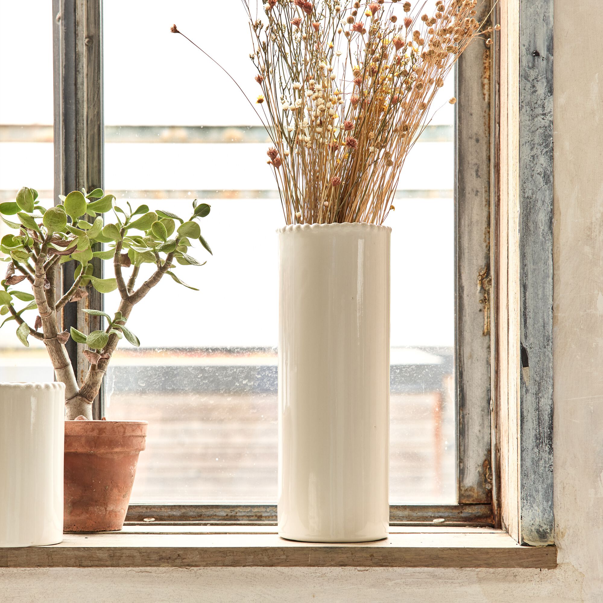 FOLIGNO - Vase tube en dolomite H30cm - blanc